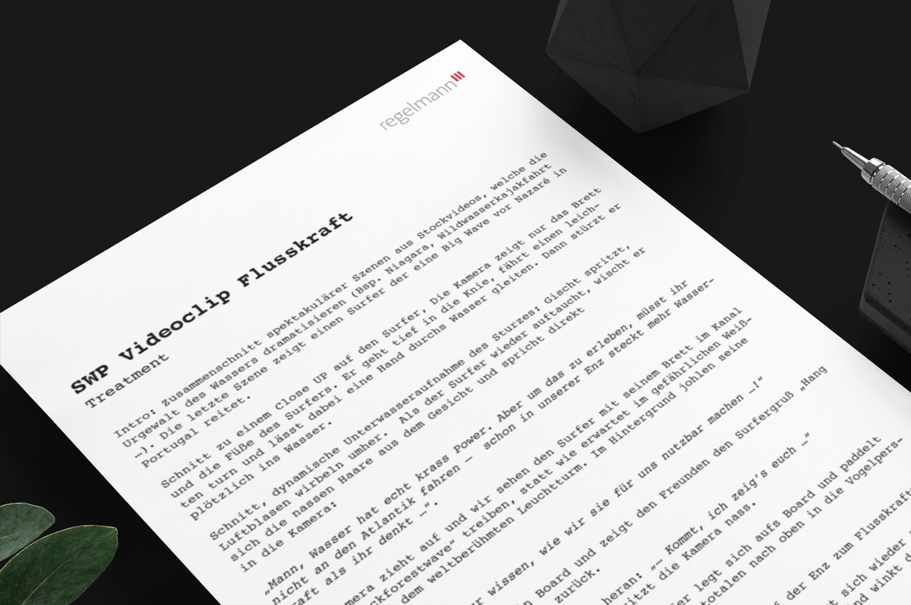 Dokument mit Titel „SWP Videoclip Flusskraft – Treatment“ auf schwarzem Hintergrund.