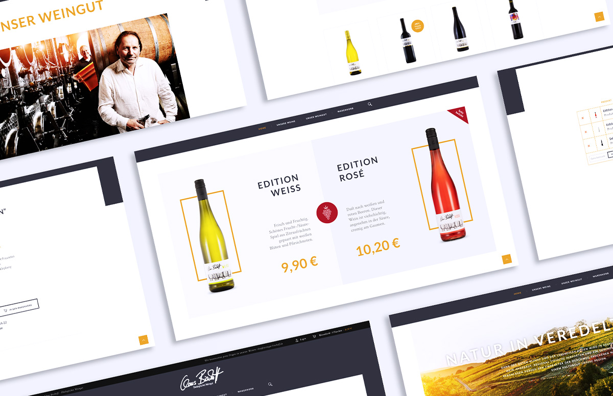 Mockup-Ansicht des Webshops vom Weingut Bischoff mit Weinen und Website-Elementen.
