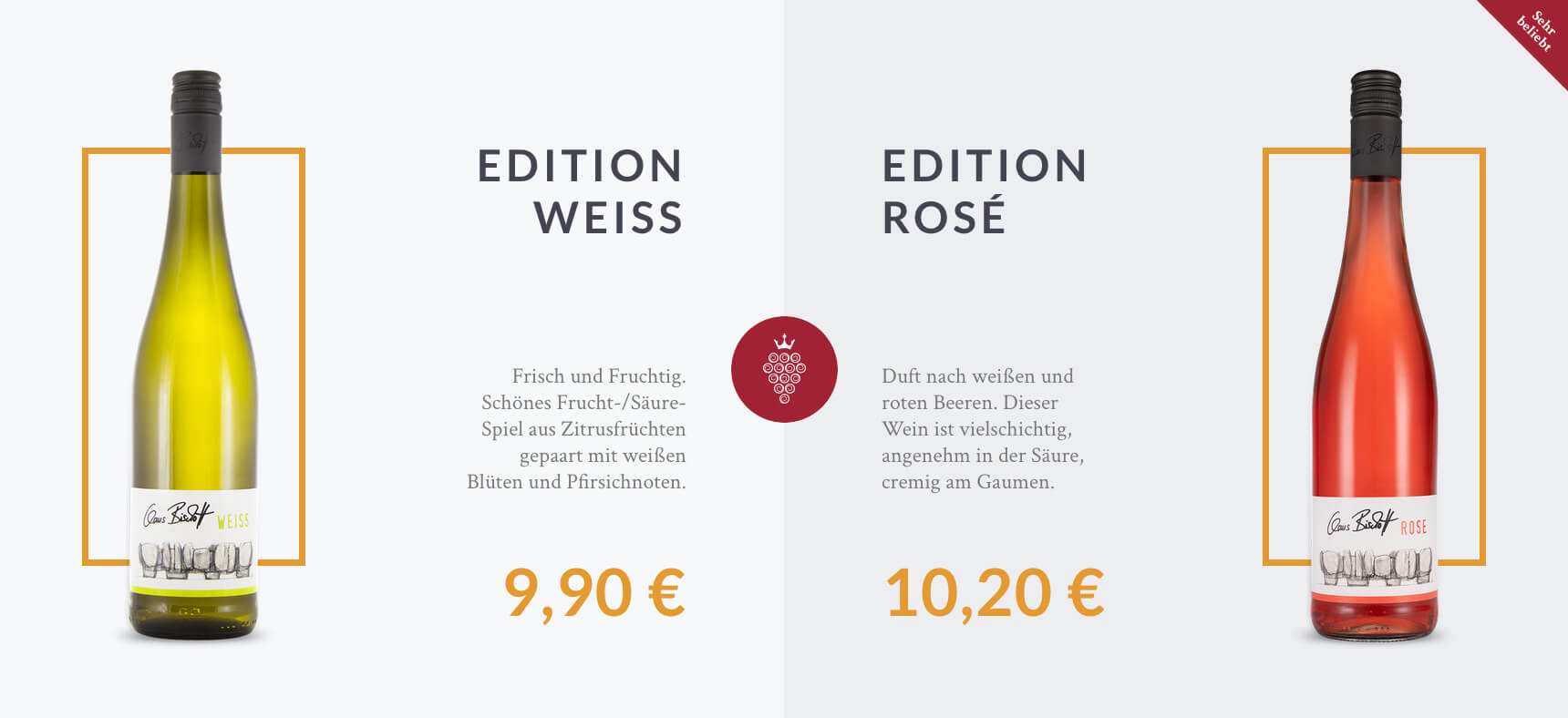 Weißwein- und Roséflaschen der Edition Bischoff mit Preisen und Kurzbeschreibung nebeneinander.