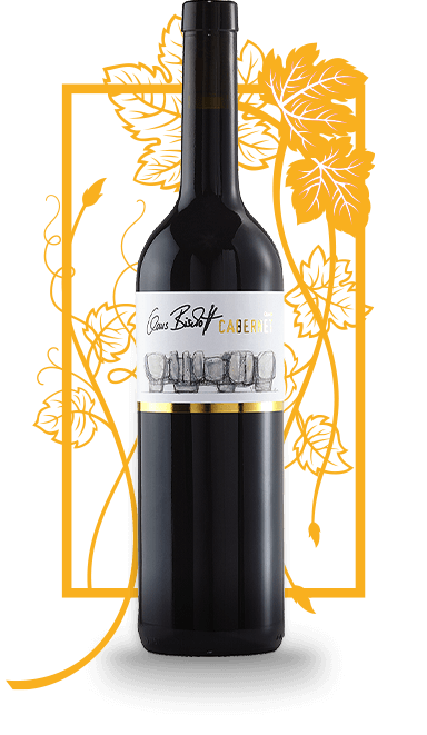 Cabernet Rotweinflasche vom Weingut Claus Bischoff vor gelbem Hintergrund mit weißen Pflanzenornamenten